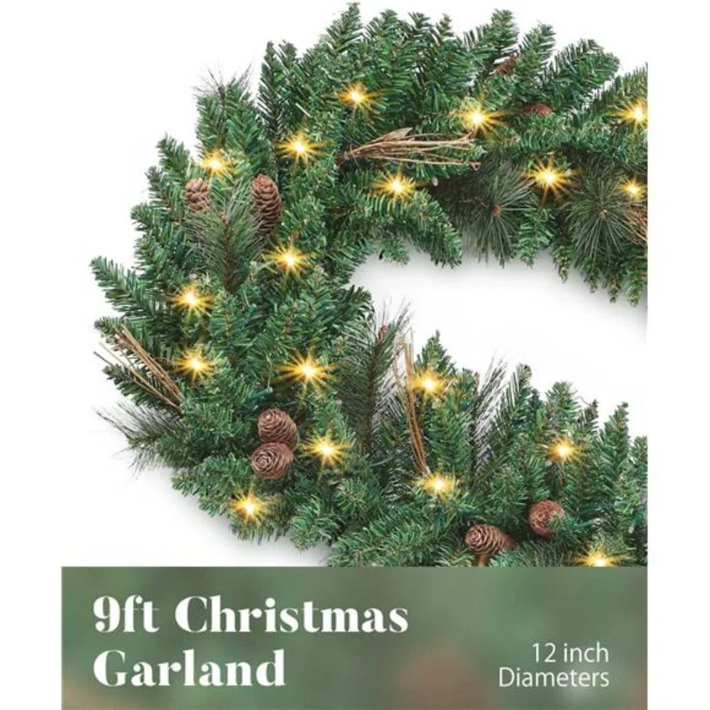 9FT Christmas Garland with Pine Cones, Prelit Christmas Garland Greenery Outdoor